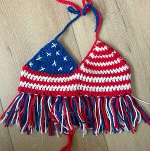 Handmade Crochet American Flag Fringe Halter Top Kids Patriotic 4th of July
